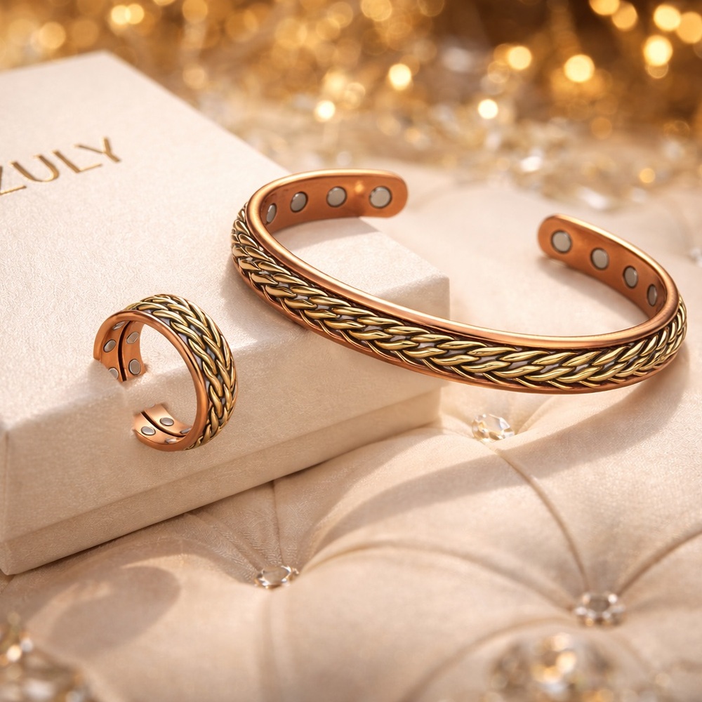 ZULY Twisted Magnetic Copper Bracelet & Ring Set – Adjustable Wellness Jewelry